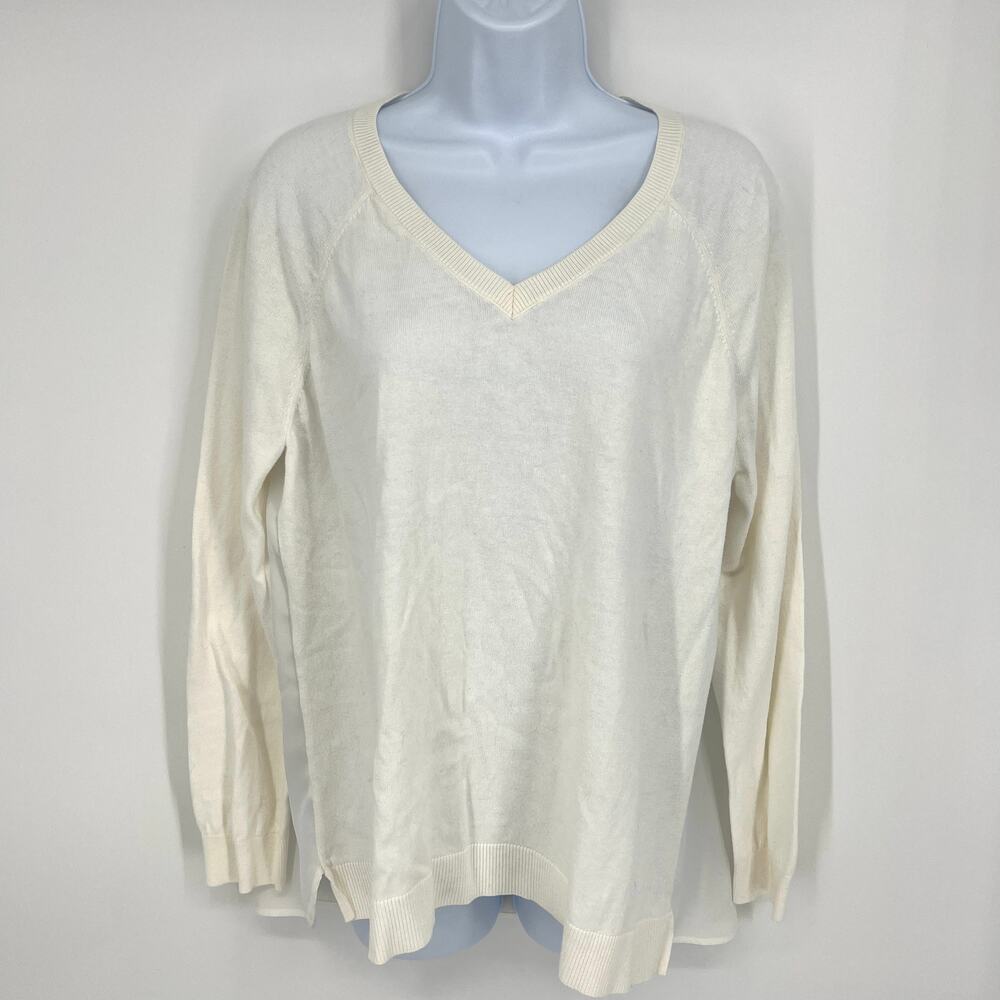 LOFT Outlet Size Large Petite Cream V-Neck Pullover Sheer Pleated Back